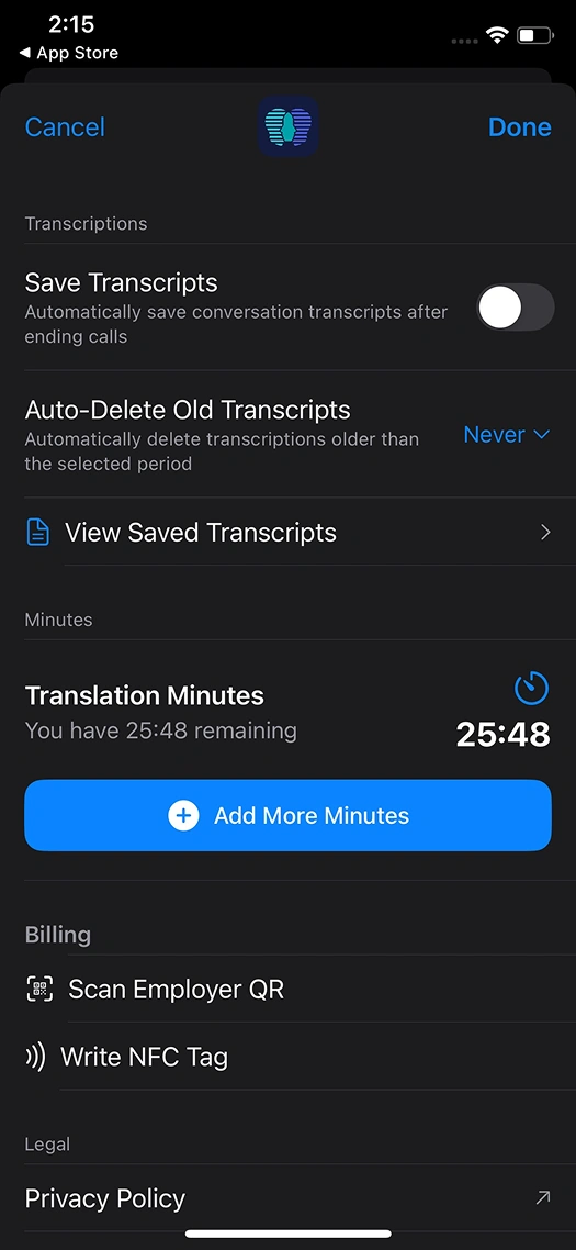 Careslate settings with transcription and billing options