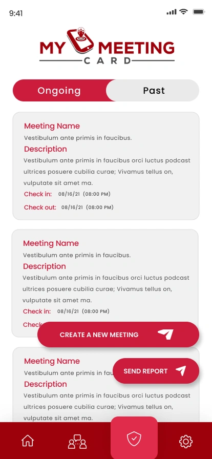 My Meeting Card home dashboard with feature tiles