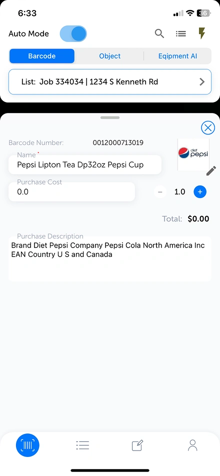 Scannur barcode scan result for a Pepsi item